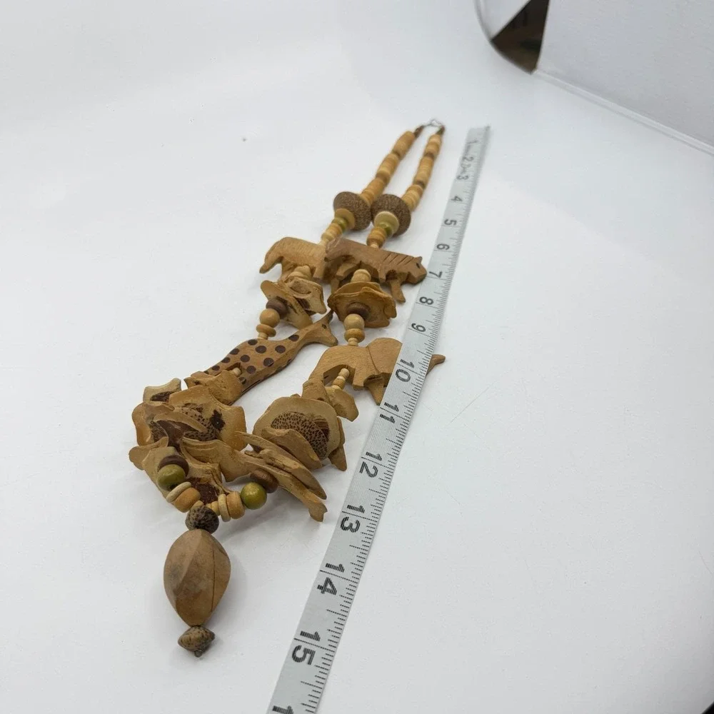 Hand Carved Wood Safari Animal Bead Necklace Elephant Giraffe Rhino Boho Gift